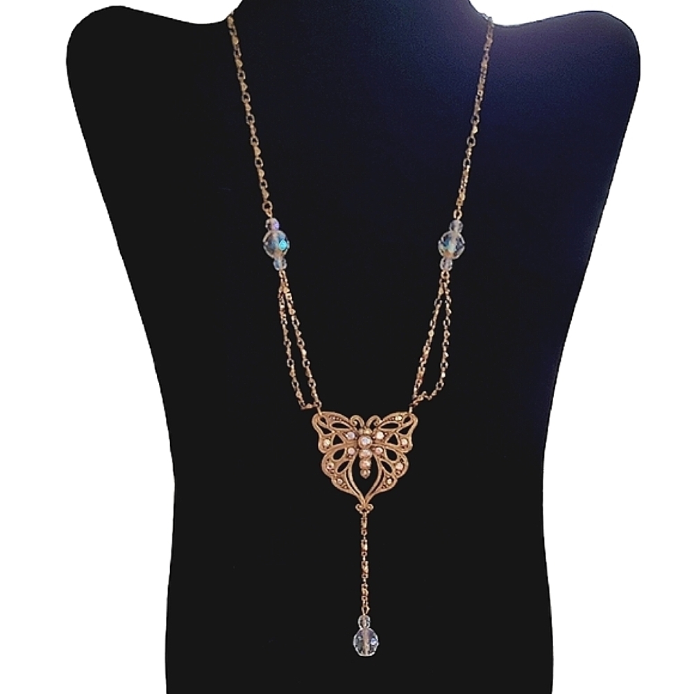 Avon Vintage Gold Tone Butterfly‎ Y-Necklace Aurora Borealis Crystal Filigree